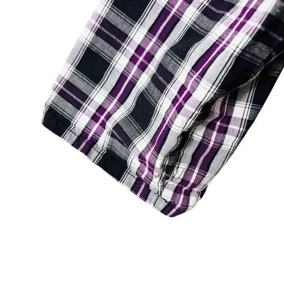 Tulip plaid cotton asymmetrical flounce back black purple white button up tunic - Picture 7 of 11
